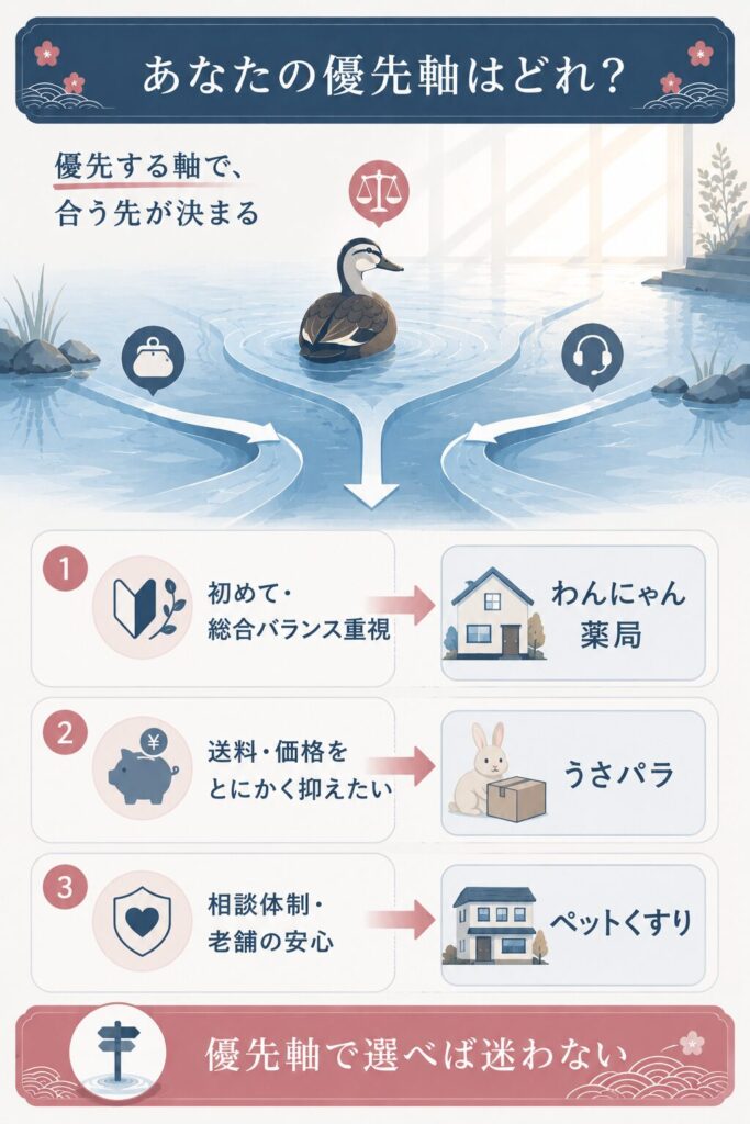 優先軸ごとに合う購入先を示したタイプ別の選び方の図